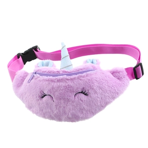 Detail of plush unicorn fanny pack showing purple faux fur and sequin horn detail
