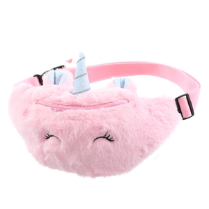 Detail of pink unicorn plush waist bag with embroidery and adjustable strap