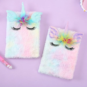 Plush Unicorn Notebook Gradient Fur Journal With Sequin Horn Feather Decoration Embroidered For Girls Students School