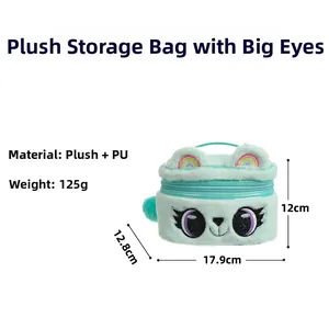 Detail of plush cartoon makeup bag in mint green showing dimensions and top handle