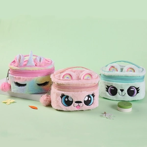 Detailed plush animal cosmetic bags with cartoon embroidery and soft faux fur pom-poms