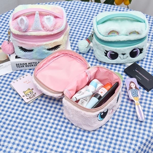 Cute plush cartoon makeup bag set with unicorn embroidery and top handle for storage