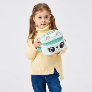 Detail of mint green plush cartoon waist bag with big eyes embroidery for kids