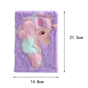 Detailed view of plush unicorn notebook featuring soft purple faux fur and colorful embroidery