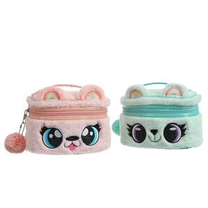 Detail view of plush animal makeup bags with fine embroidery and soft faux fur texture