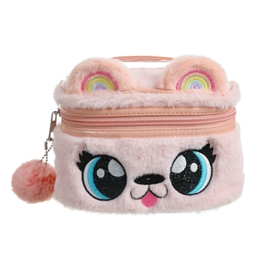 Pink plush cartoon animal cosmetic bag with rainbow ears and fluffy pompom detail