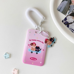 Pink cartoon sliding card holder with retractable spring lanyard and acrylic charm