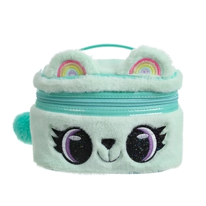 Detail of mint green plush cartoon cosmetic bag with sequined eyes and rainbow embroidery
