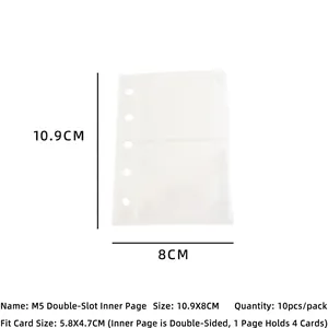 Detailed view of M5 transparent 2-pocket card binder sleeves with 5-hole design and dimensions