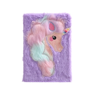 Plush purple unicorn notebook with colorful faux fur and 3D embroidery details