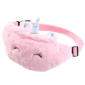 Pink plush unicorn waist bag for girls with adjustable strap and glitter horn
