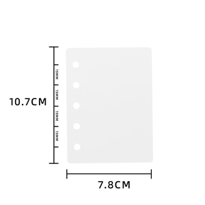 Technical sketch showing dimensions 10.7x7.8cm and 19mm hole spacing for 5-ring binder