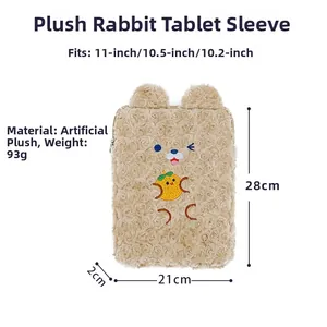 Detail of khaki plush rabbit tablet sleeve showing curly faux fur texture and embroidery