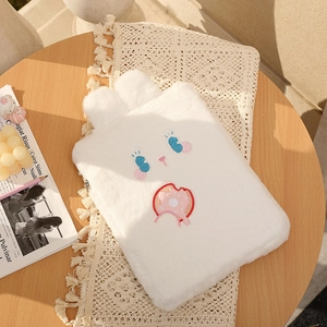 Detail of white plush rabbit 11 inch iPad bag featuring cute embroidery and soft ears