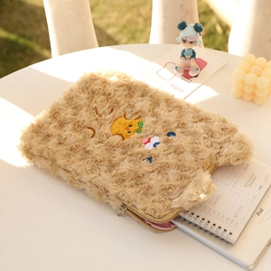 Cute brown plush rabbit tablet sleeve with cartoon embroidery and metal zipper closure