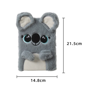 Detail of plush koala diary cover with embroidery showing 21.5cm by 14.8cm dimensions