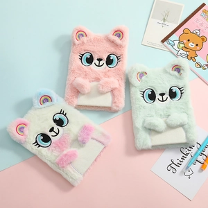 Detailed view of colorful plush animal journals featuring soft faux fur and embroidery