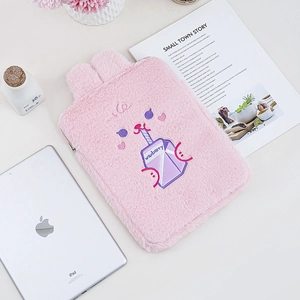 Detailed view of pink plush iPad case featuring fluffy rabbit ears and nice embroidery