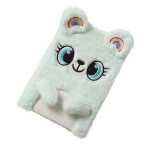 Detail of plush mint green koala notebook featuring cute embroidery and rainbow accents