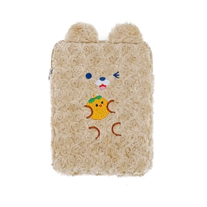 Cute bear-shaped plush tablet sleeve in khaki rose velvet with cartoon embroidery