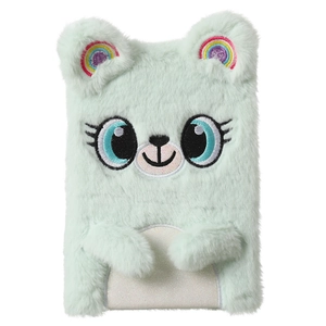 Close-up of mint green plush koala notebook with rainbow embroidery and soft texture