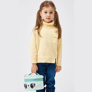 Plush cartoon unicorn handbag with large eyes, soft mint green faux fur for kids