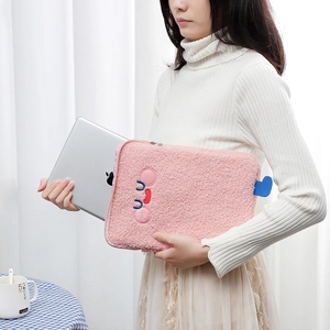 Pink plush tablet sleeve with cute cartoon face embroidery for 11 inch iPad and laptops