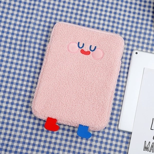 Detailed plush pink lamb velvet laptop sleeve with cute smile face and silver tablet