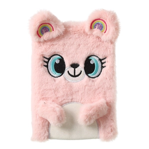 Close-up of pink plush koala journal with rainbow embroidery and soft fluffy texture