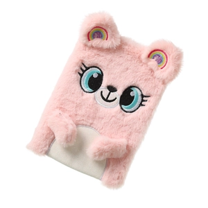 Close-up of the soft plush pink koala notebook with rainbow ears and cute embroidery