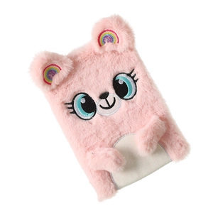 Detailed close-up of pink plush koala diary cover with colorful rainbow ear embroidery