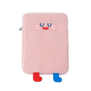 Pink plush laptop sleeve with cute embroidery and small 3D feet for tablet protection
