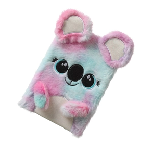 Detail of cute plush koala diary with pink blue gradient fur and glitter embroidery