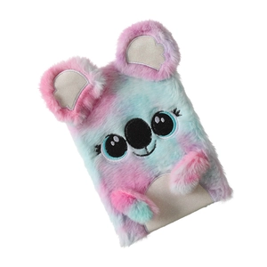 Detailed view of pink and blue tie-dye plush koala diary with 3D ears and embroidery