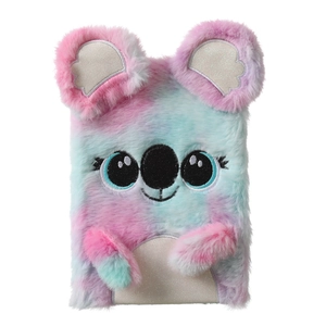 Close-up of pink tie-dye plush koala notebook with 3D ears and glittery fabric details