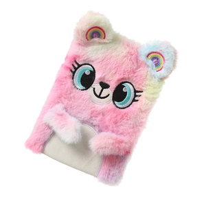 Detailed close-up of fluffy gradient plush koala diary with colorful rainbow embroidery