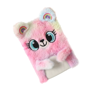 Detail of pink plush diary featuring a cute bear face and rainbow gradient fur texture