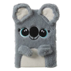 Close-up of plush koala diary cover featuring gray faux fur and embroidered facial details
