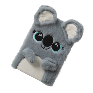 Detail of gray plush koala notebook cover with soft faux fur and glittery embroidered eyes