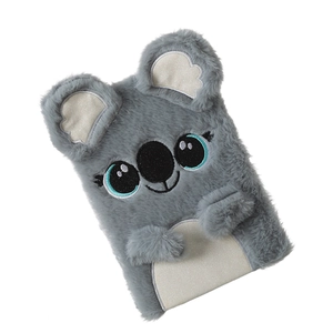 Close-up of soft grey plush koala notebook with detailed embroidery and blue iris eyes