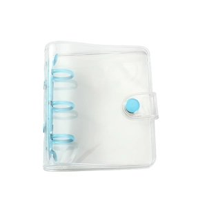 Detail of 3-ring mini PVC transparent binder with light blue snap button closure
