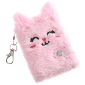 Mini carnet porte-clés en peluche rose avec chat brodé et fermeture à bouton pression