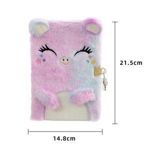 Detailed view of pink and blue plush cat diary with embroidery and gold metal lock