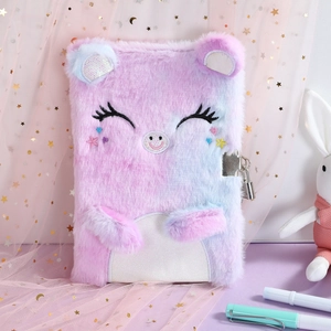Close-up of plush cartoon cat diary with soft pink-blue fur, embroidery, and metal lock