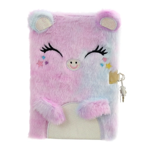 Detail of pink and blue plush cat diary with golden metal lock and sequin accents
