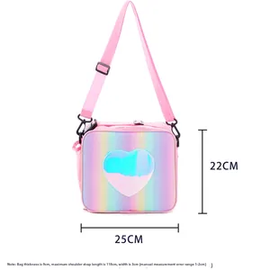 Detailed dimensions of rainbow glitter lunch bag with heart sequin patch and pink strap