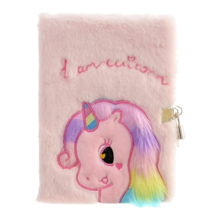 Taccuino unicorno di peluche rosa con lucchetto e criniera arcobaleno, cartoleria scuola