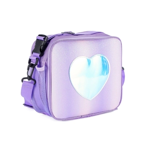 Detail of purple glitter lunch bag with holographic heart patch and mesh side pocket