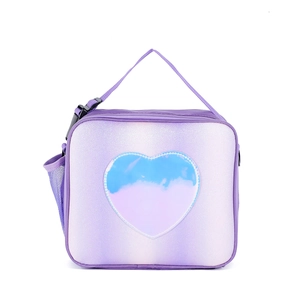 Detail of purple glitter lunch bag featuring laser heart patch and side mesh pocket