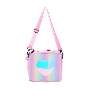 Rainbow glitter lunch bag with a large holographic heart patch and pink shoulder strap